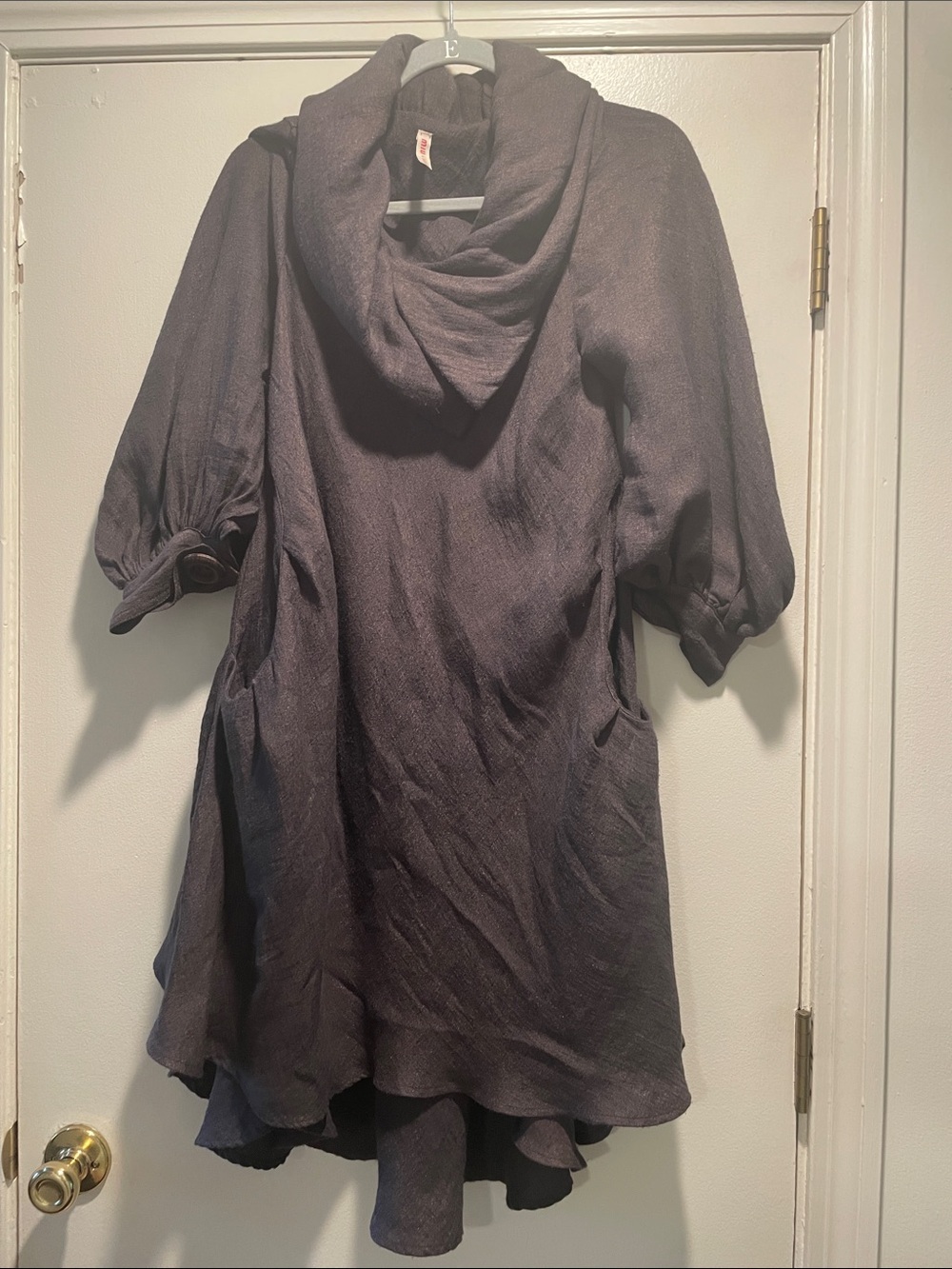 Miu Look Charcoal Metallic Brown Rust Dress Puff Sleeves Droop Pocket MIDI  Dres